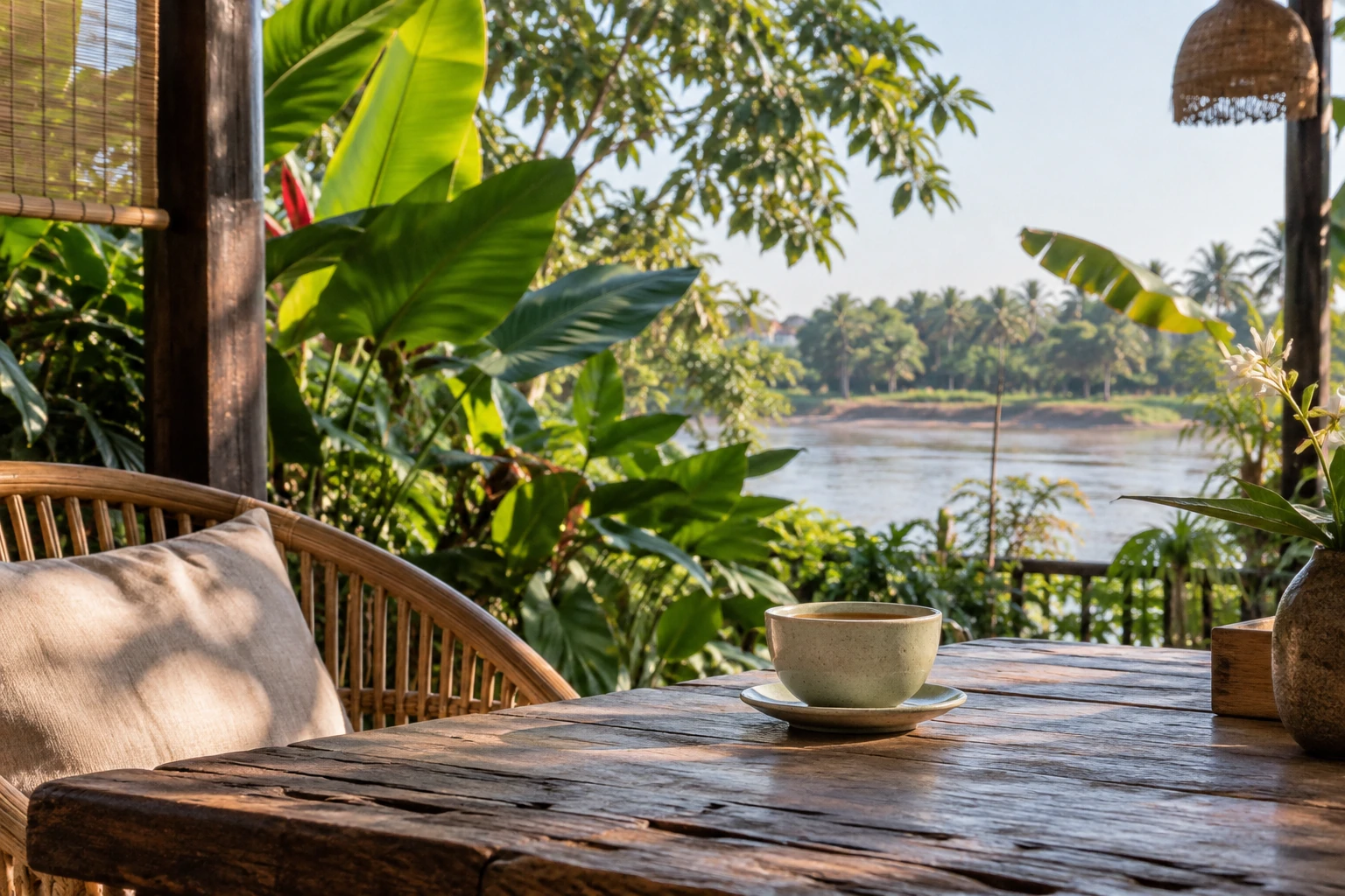 Tea beside tropical greenery in Jinghong