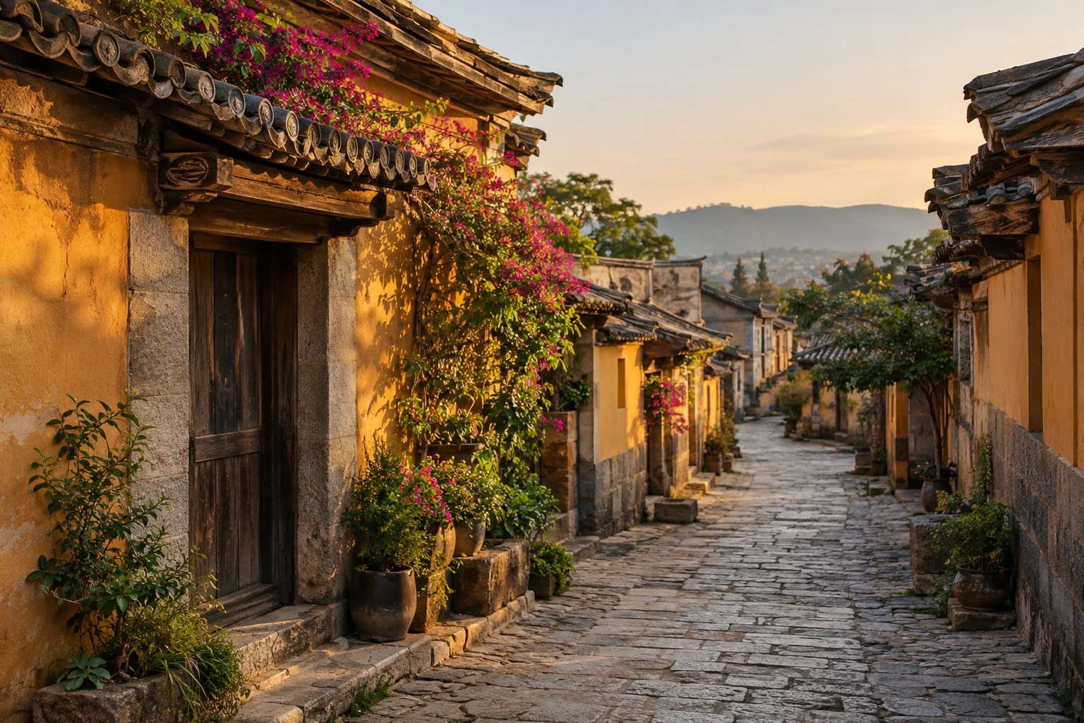 Historic tiled roofs and a lane in Jianshui