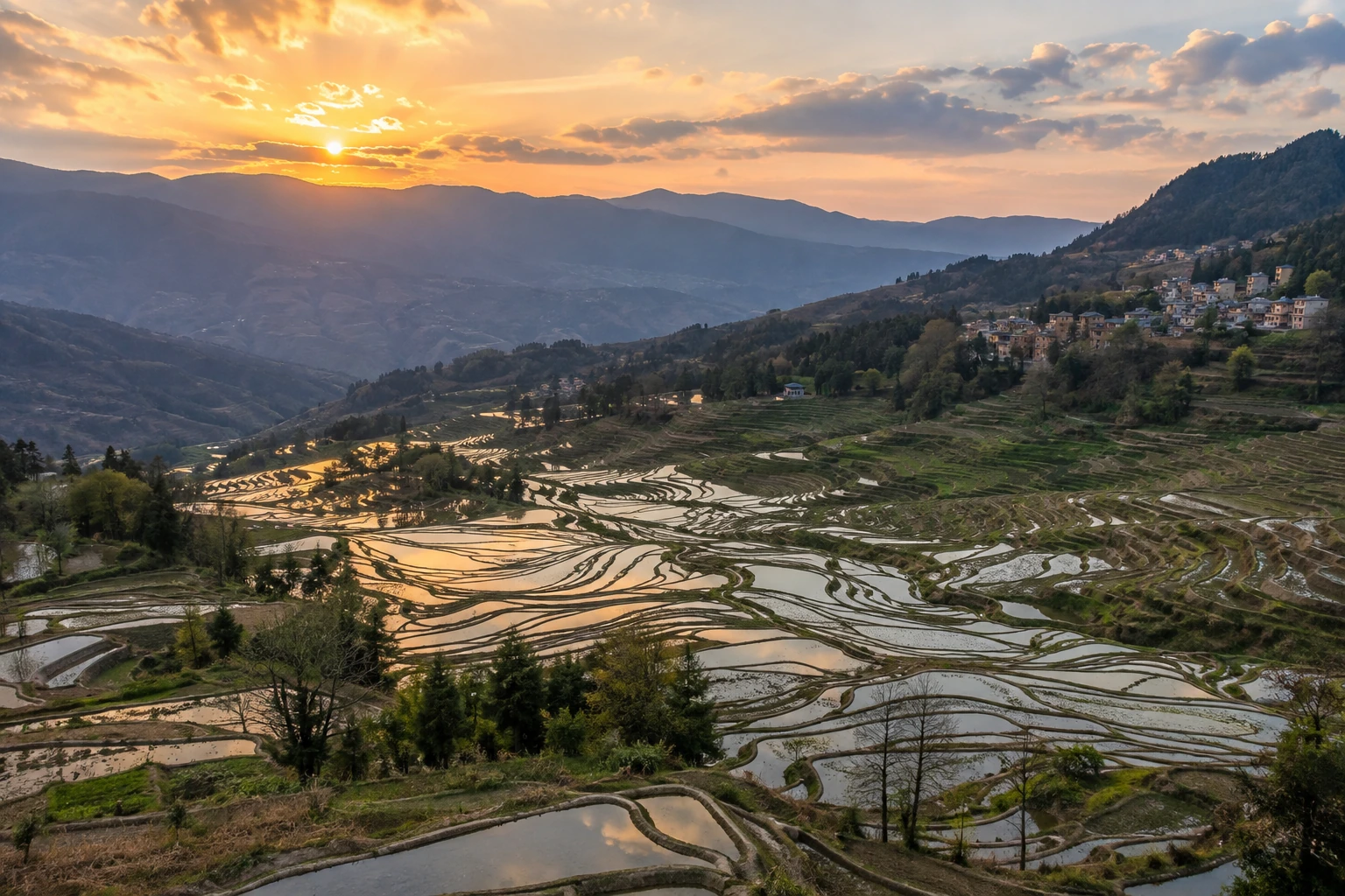 Layered rice terraces across the Bada valley in Yuanyang
