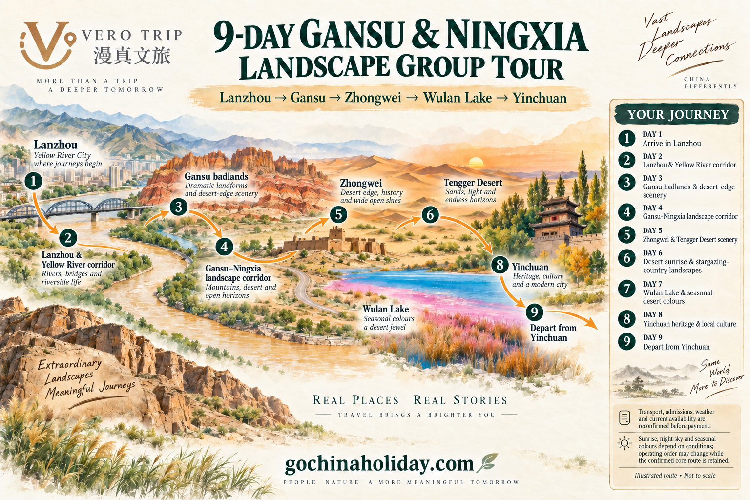 English illustrated route map for the 9-Day Gansu & Ningxia Landscape Group Tour