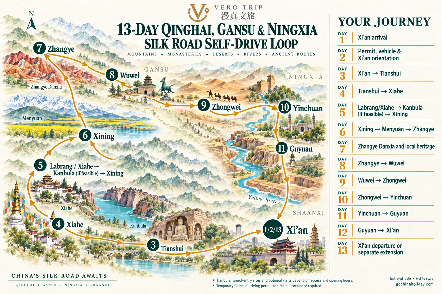 English illustrated route map for the 13-Day Qinghai, Gansu & Ningxia Silk Road Self-Drive Loop