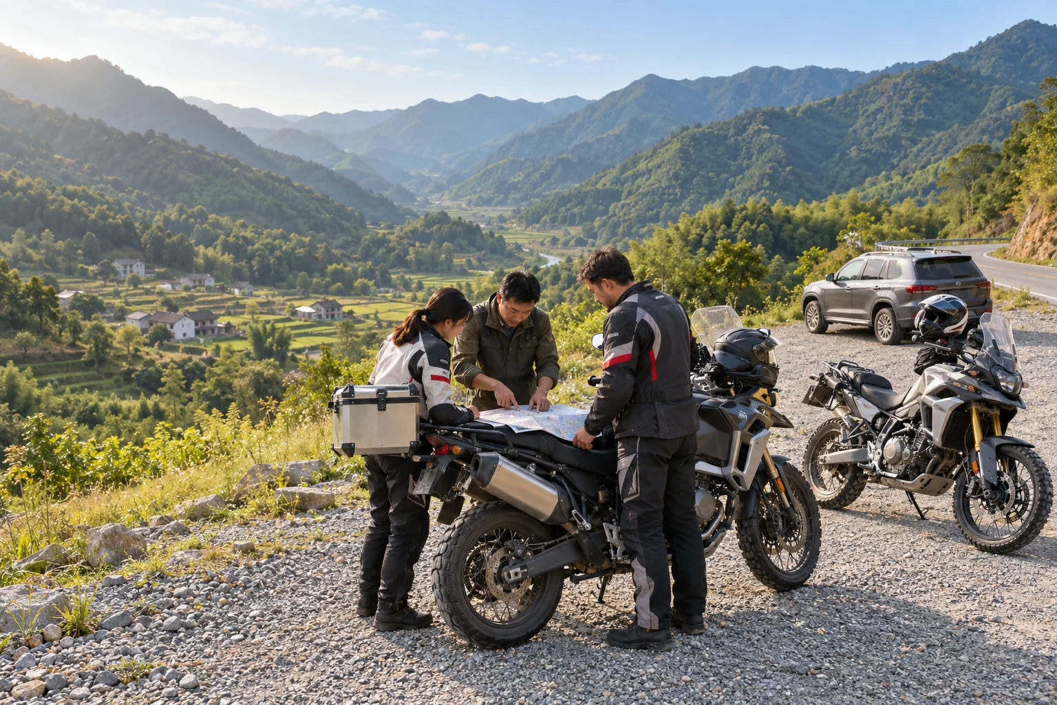 Motorcycle riders and a guide discussing a map beside parked motorcycles and a support vehicle