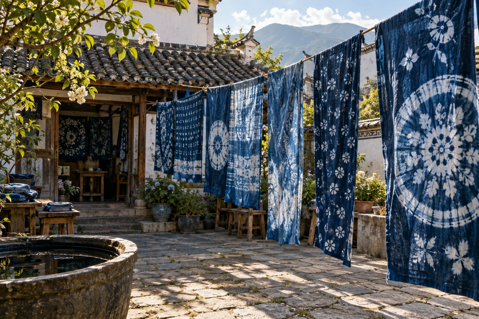 Indigo tie-dyed cloth in a Zhoucheng courtyard