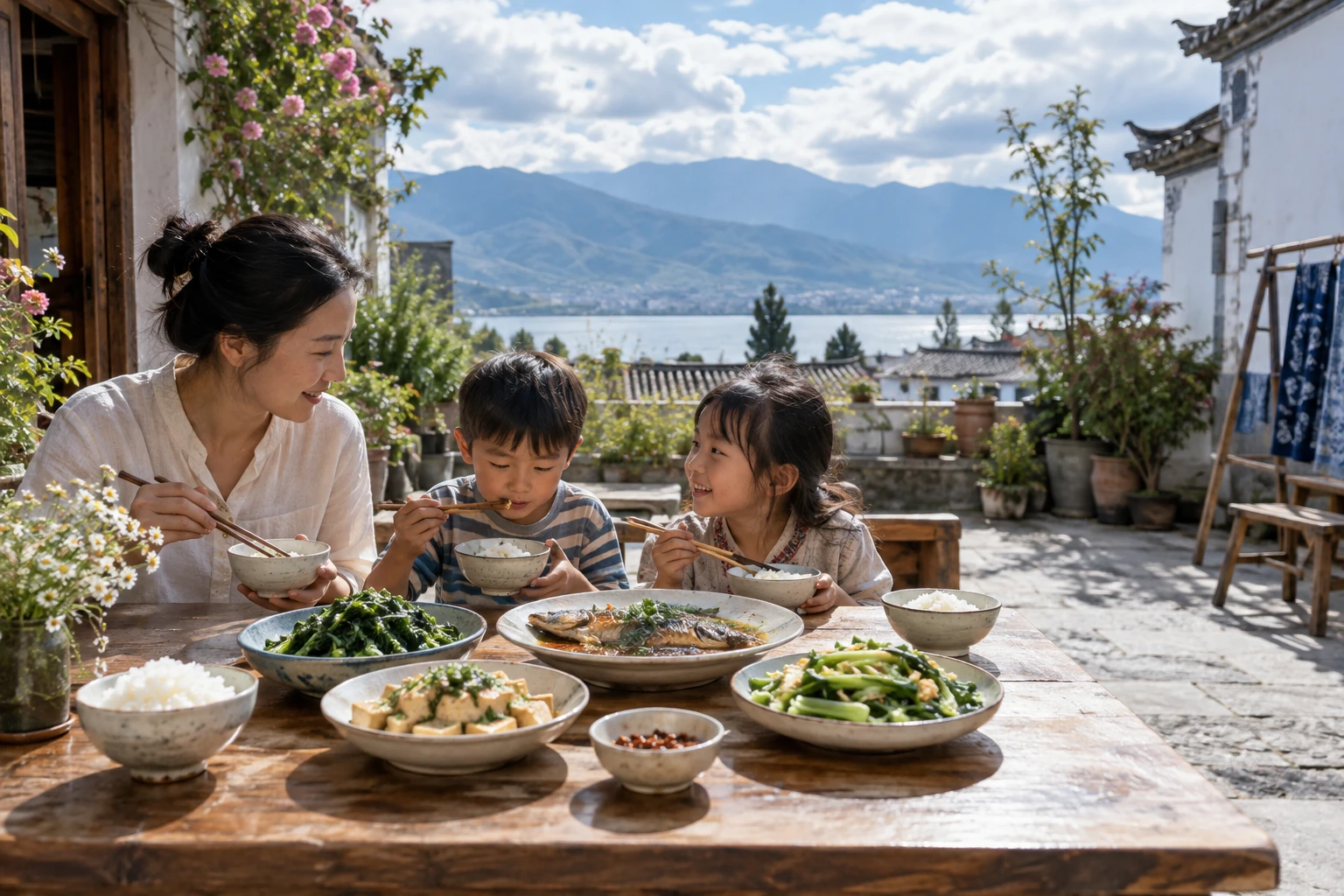 A local meal in a Bai-style courtyard