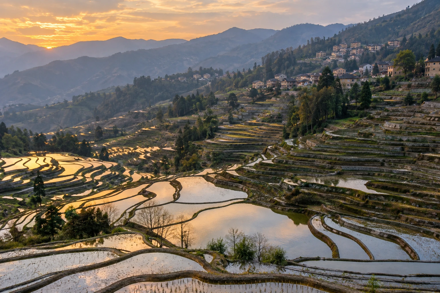 Layered rice terraces across the Bada valley in Yuanyang
