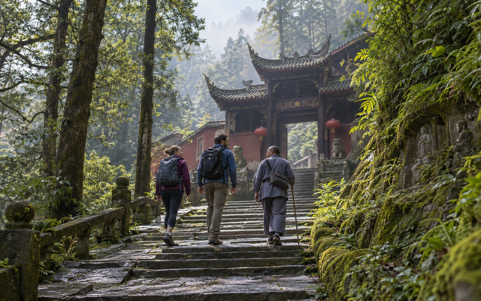 International travelers hiking a forest temple path on Mount Emei in Sichuan