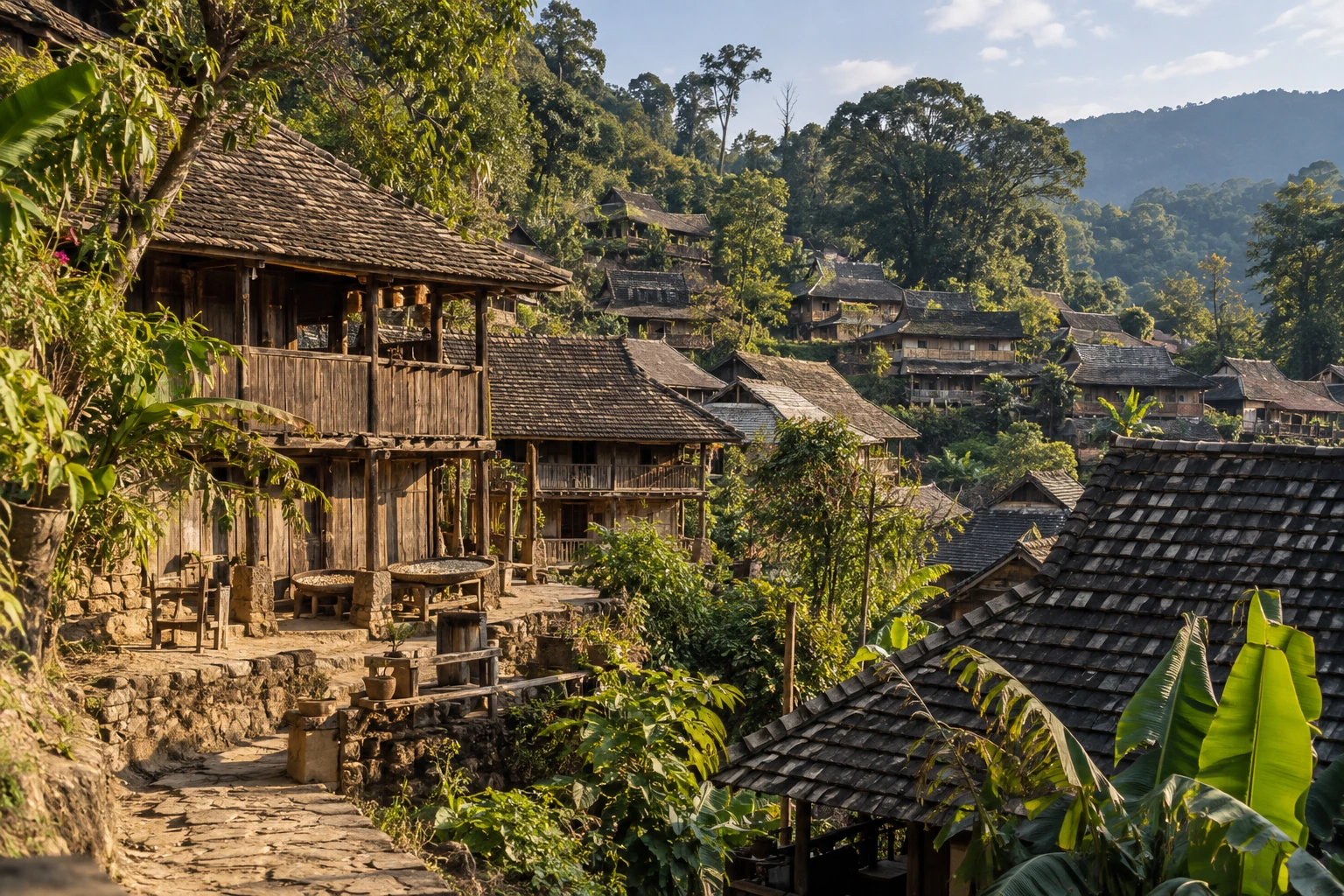 Tiled village roofs among trees in Wengji