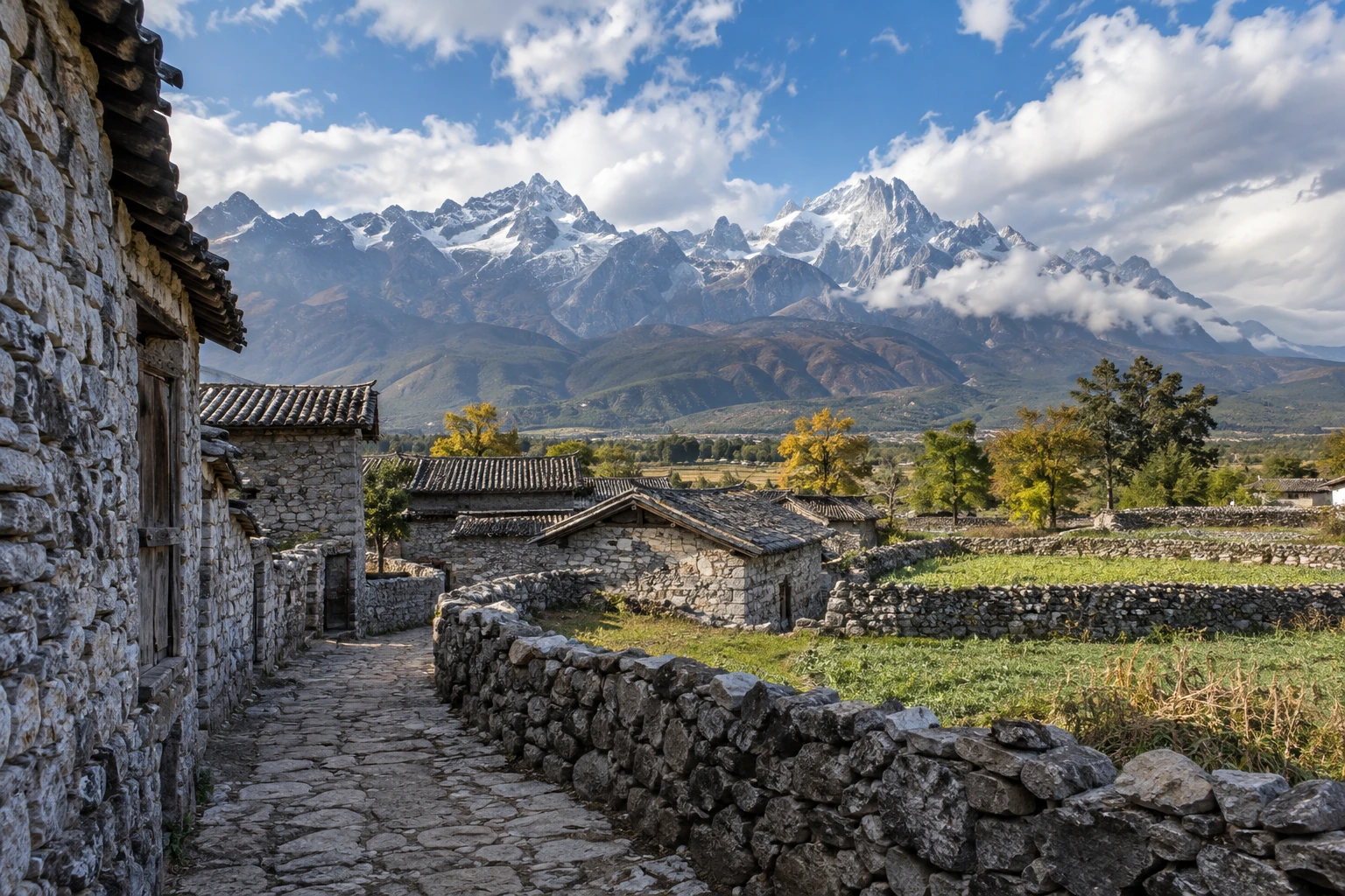 Stone houses in Yuhu village below Jade Dragon Snow Mountain