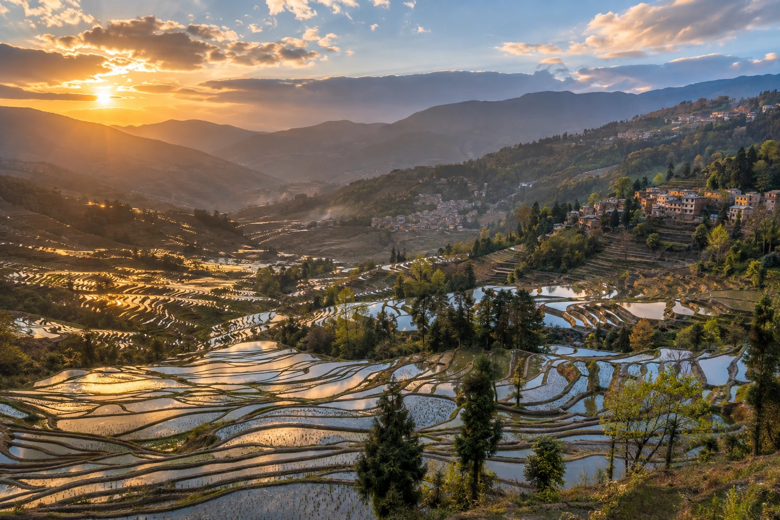 Layered rice terraces across the Bada valley in Yuanyang