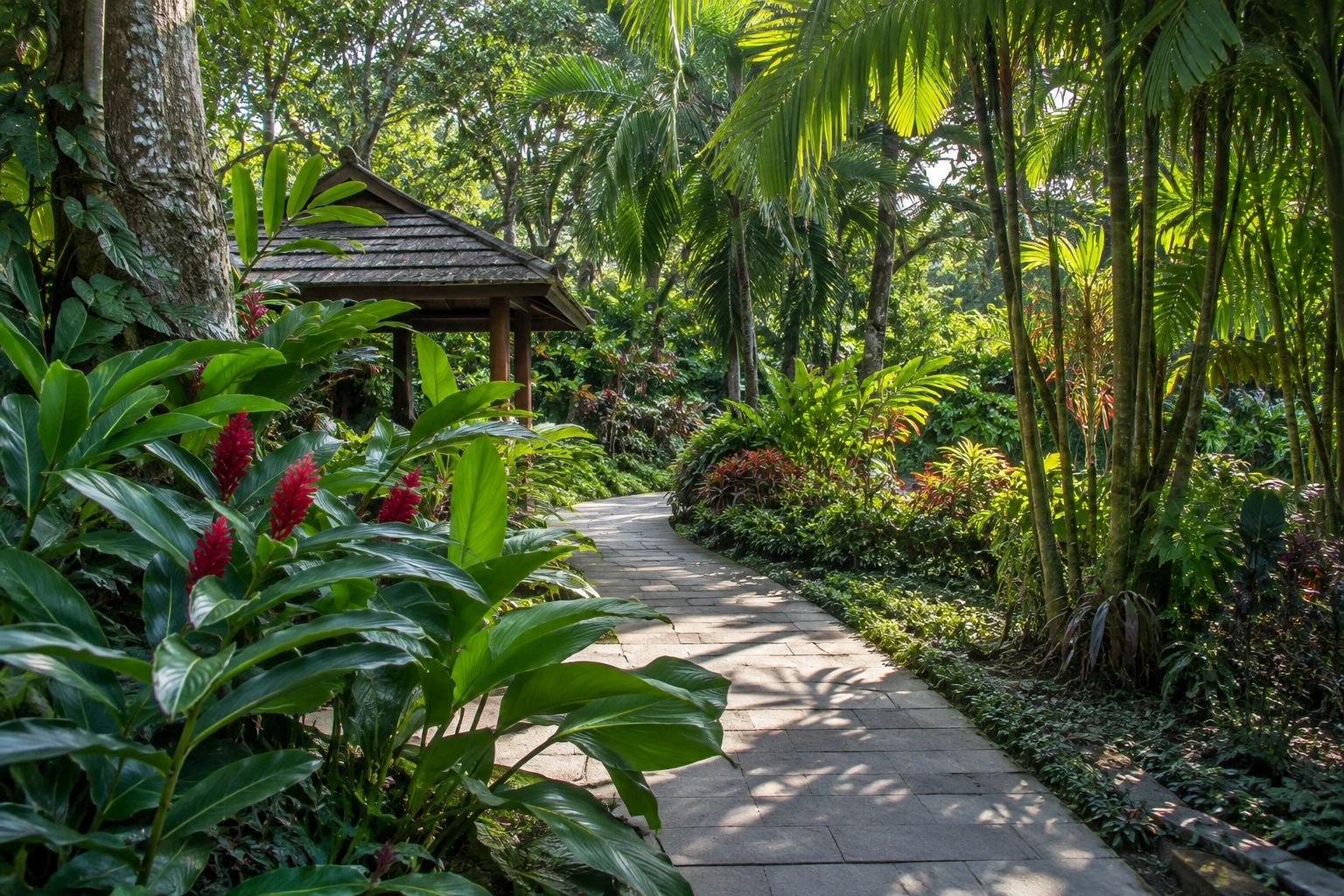 Tropical leaves and shaded paths in Xishuangbanna