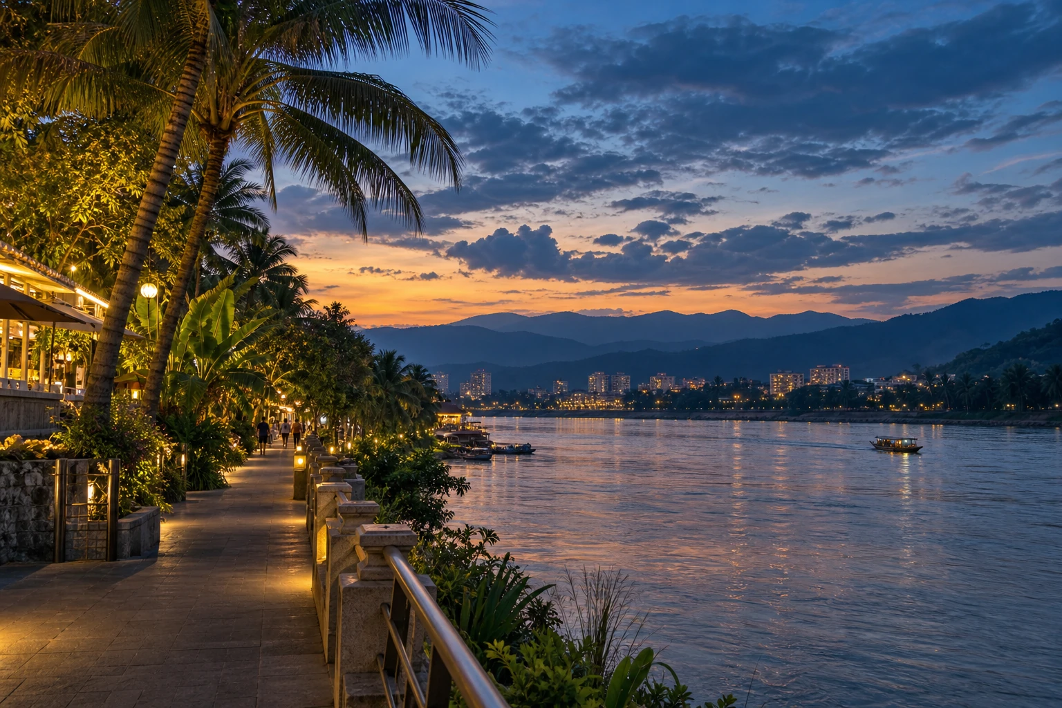 Evening light beside the Lancang River in Jinghong