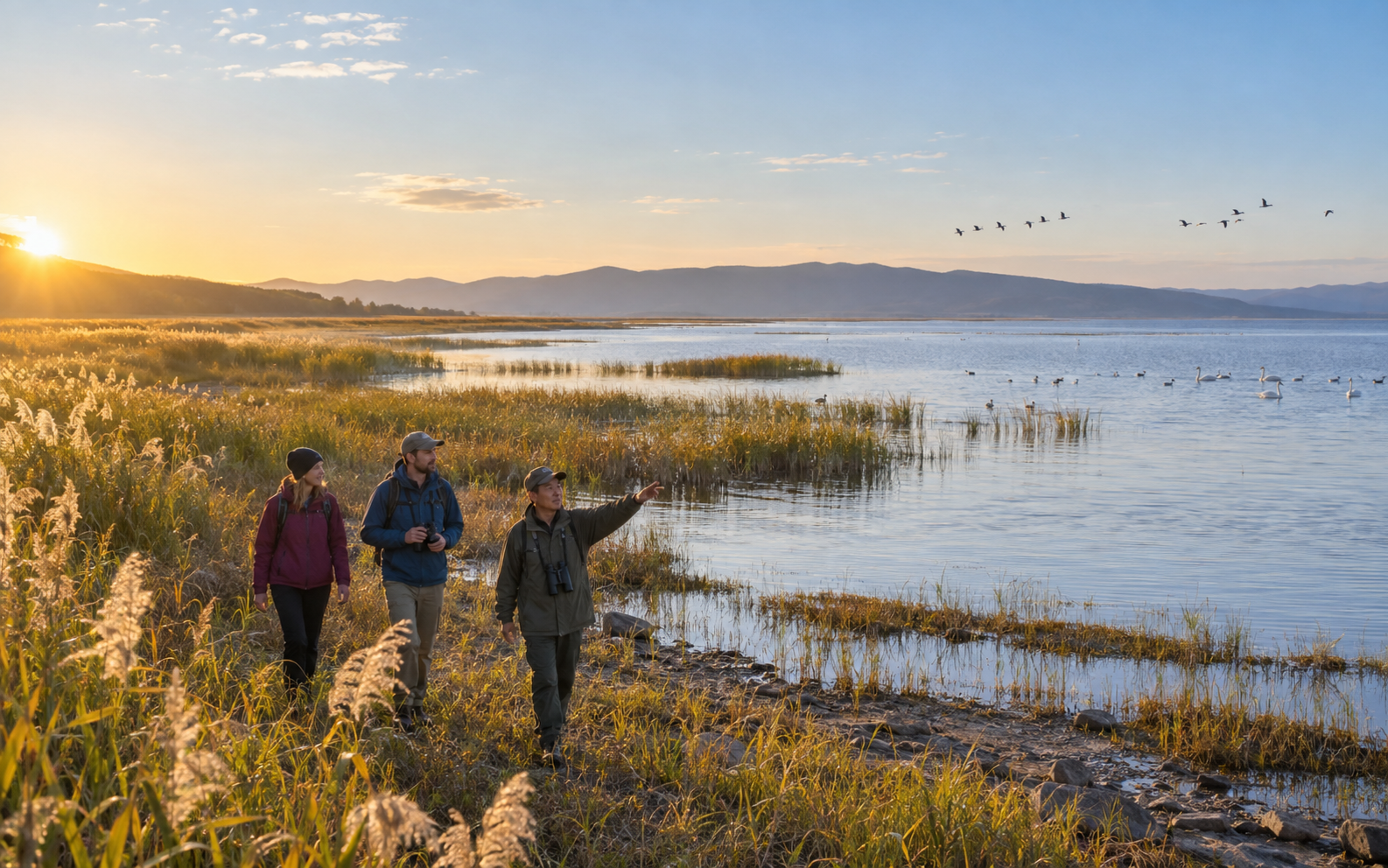 International travelers birdwatching at Xingkai Lake near Jixi, Heilongjiang