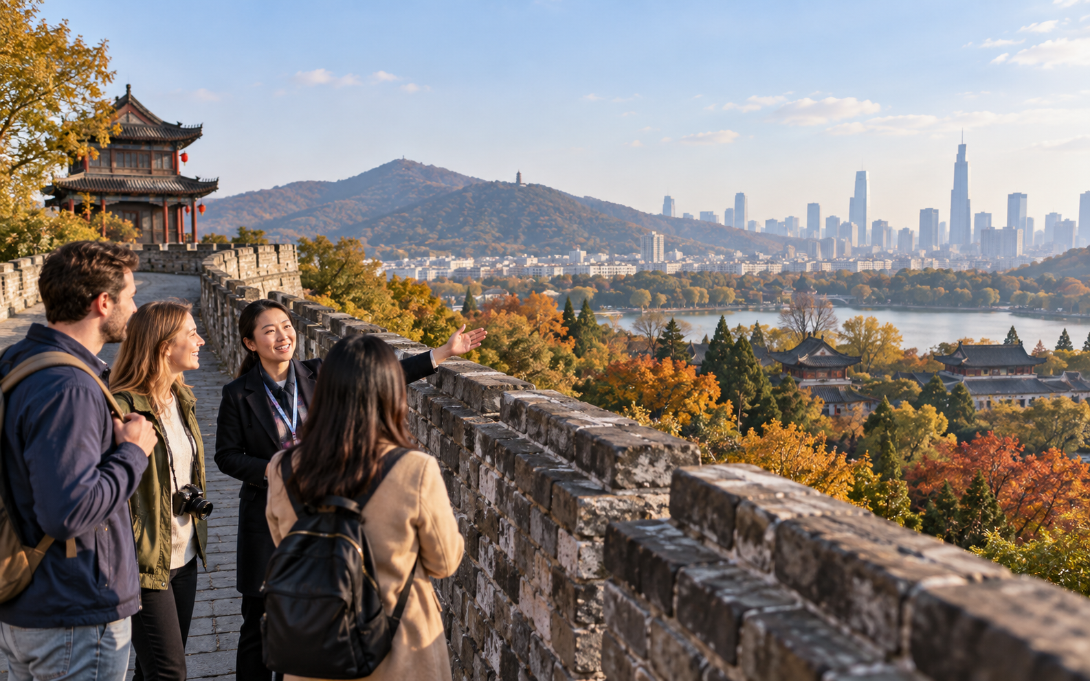 International visitors walking on the Ming City Wall overlooking Nanjing in autumn
