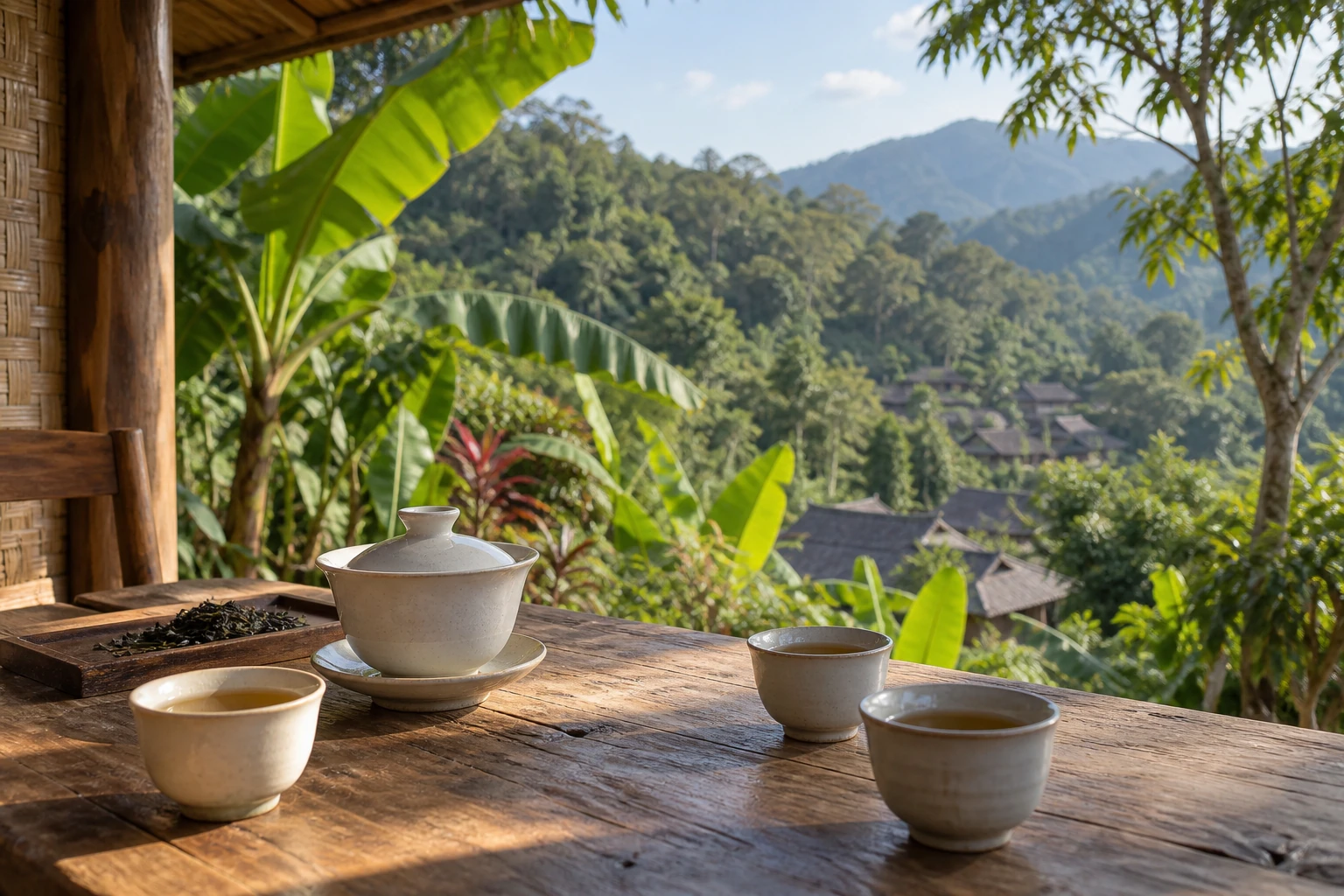 Tea tasting on a shaded veranda in Xishuangbanna