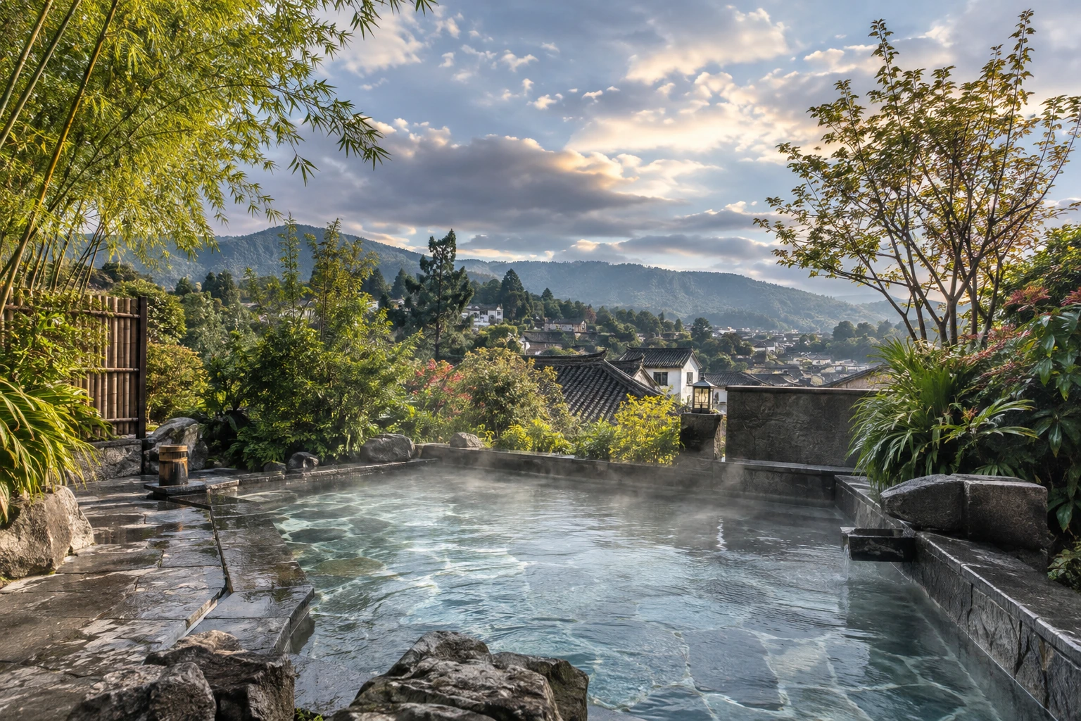 A managed outdoor bathing pool among Tengchong greenery