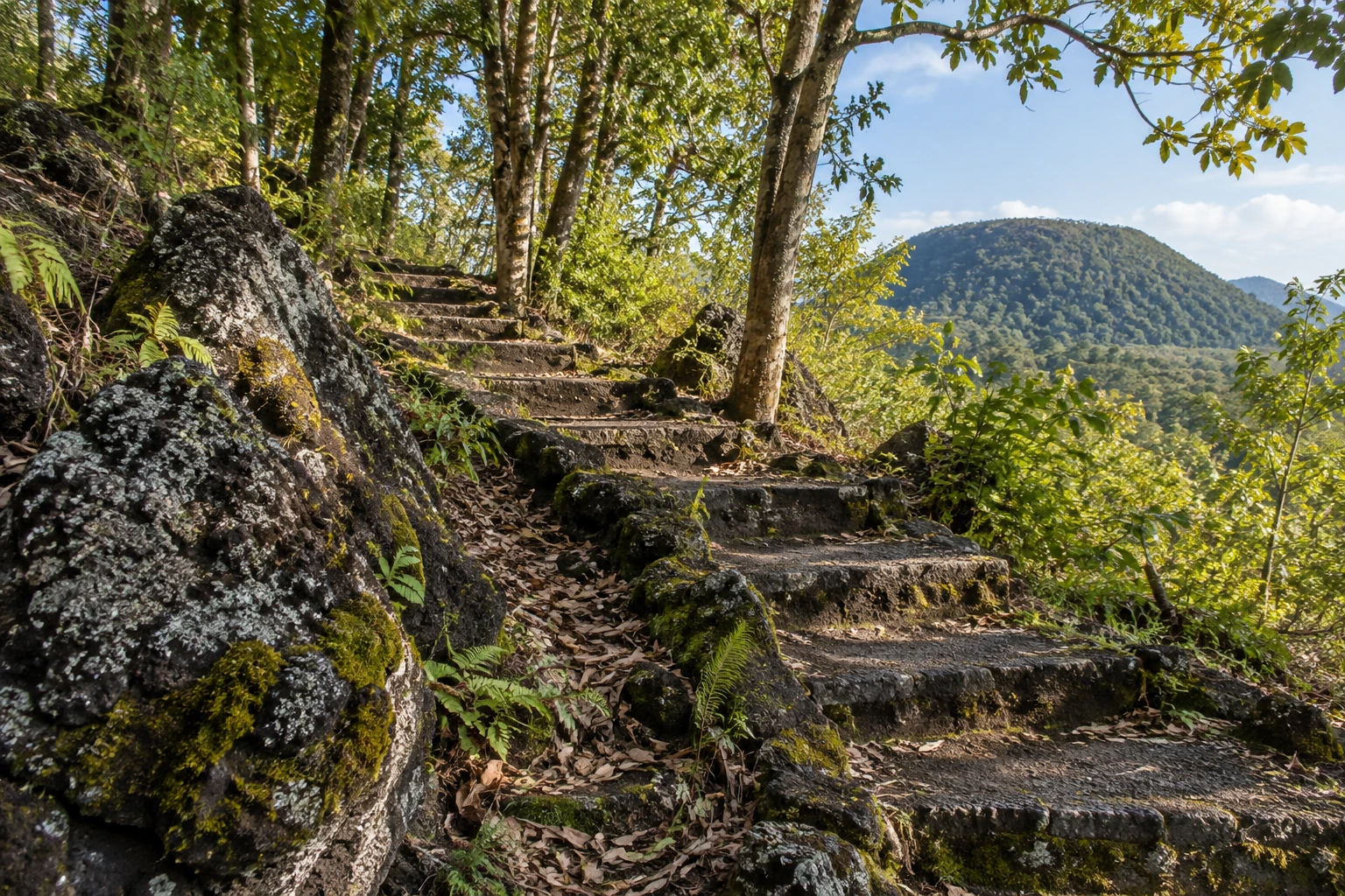 A wooded walking path in Tengchong’s volcano area