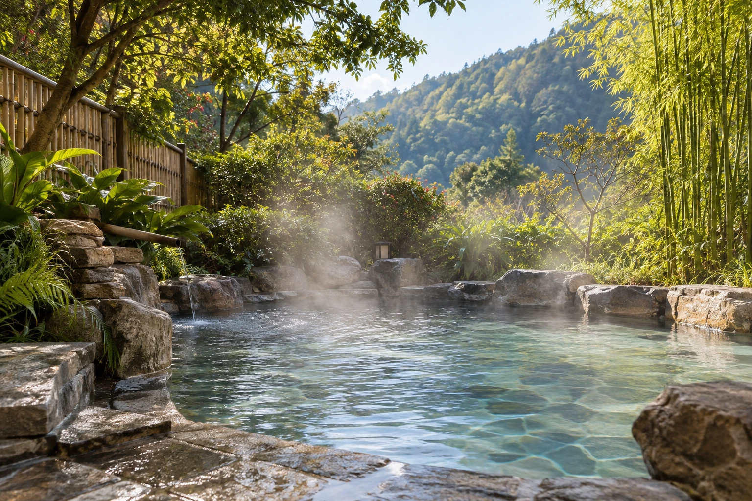 A managed outdoor bathing pool among Tengchong greenery