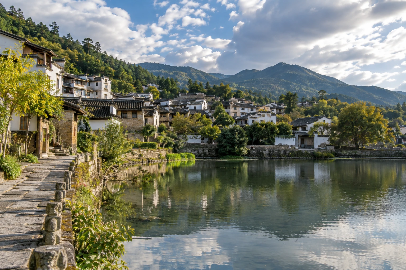 Traditional Heshun houses beside a village pond