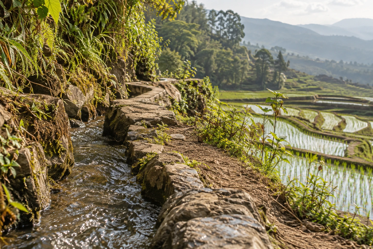 Water channels beside working rice terraces in Yuanyang
