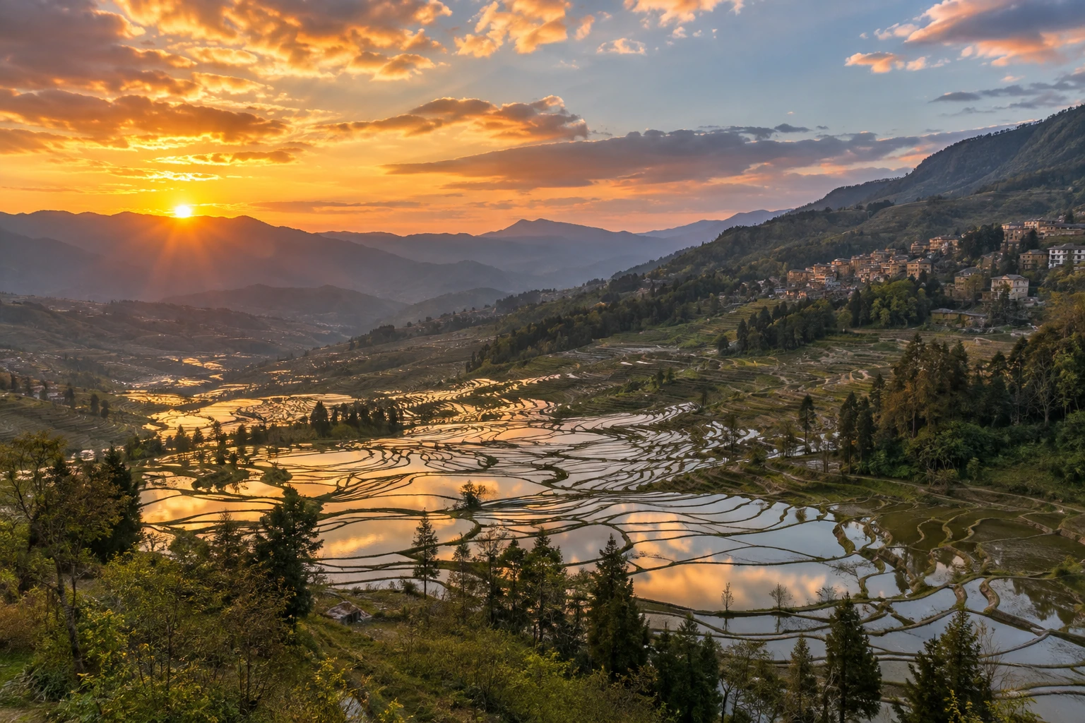 Layered rice terraces across the Bada valley in Yuanyang
