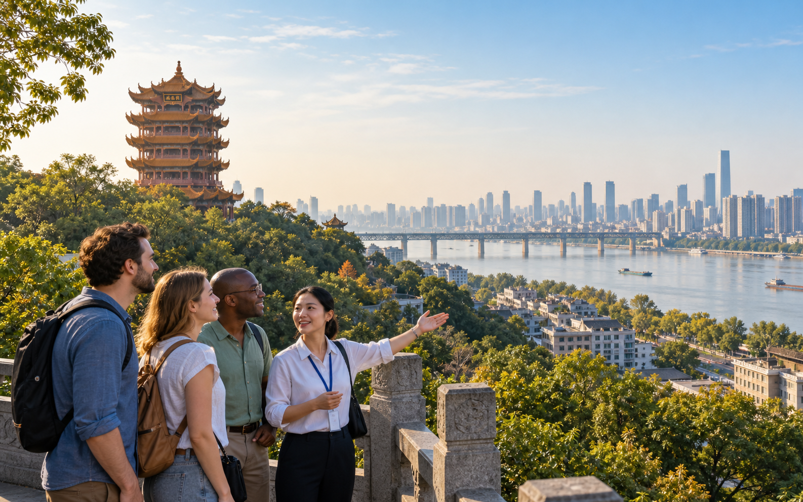 International visitors overlooking Yellow Crane Tower and the Yangtze River skyline in Wuhan
