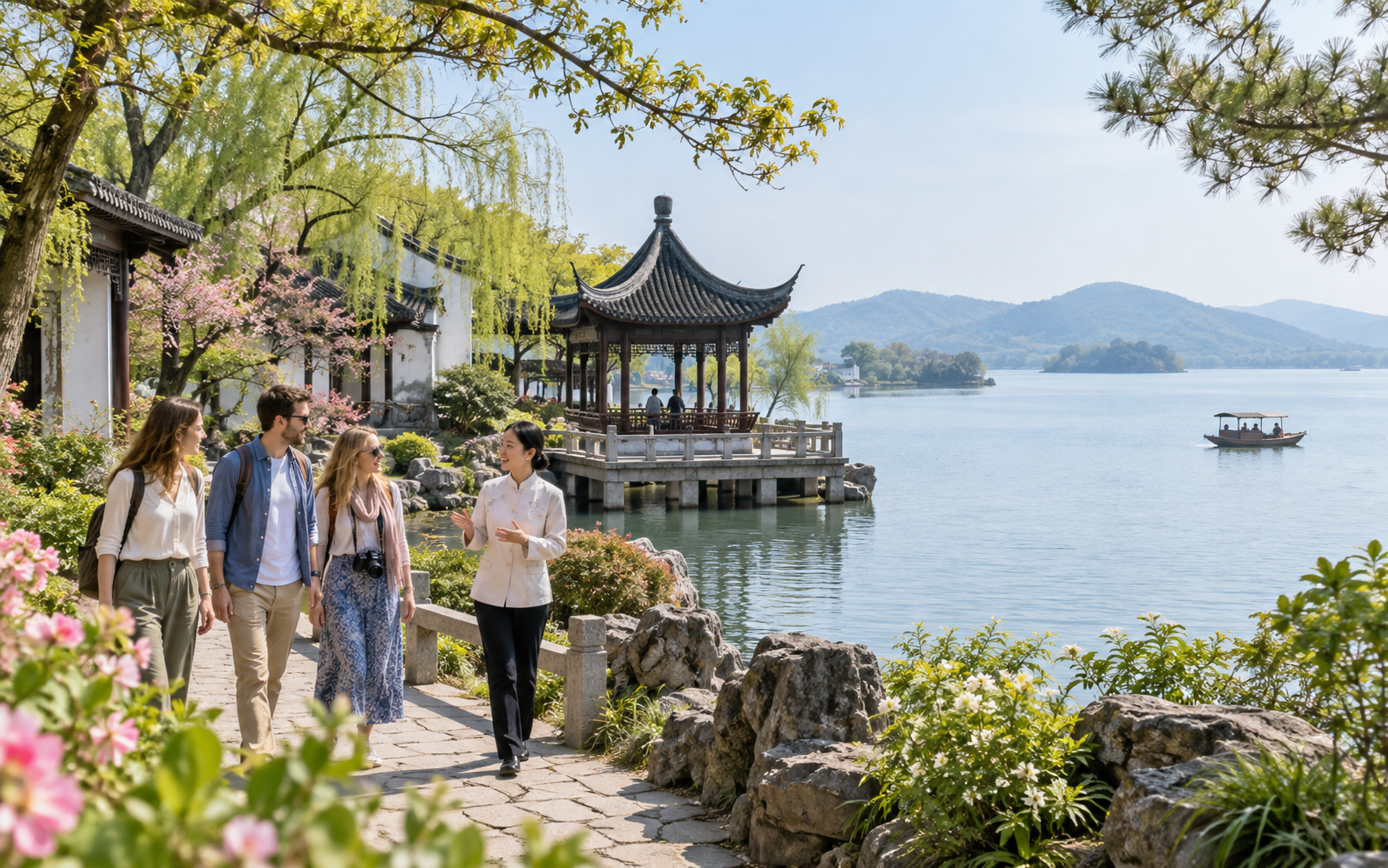 International visitors touring a Jiangnan garden beside Taihu Lake in Wuxi