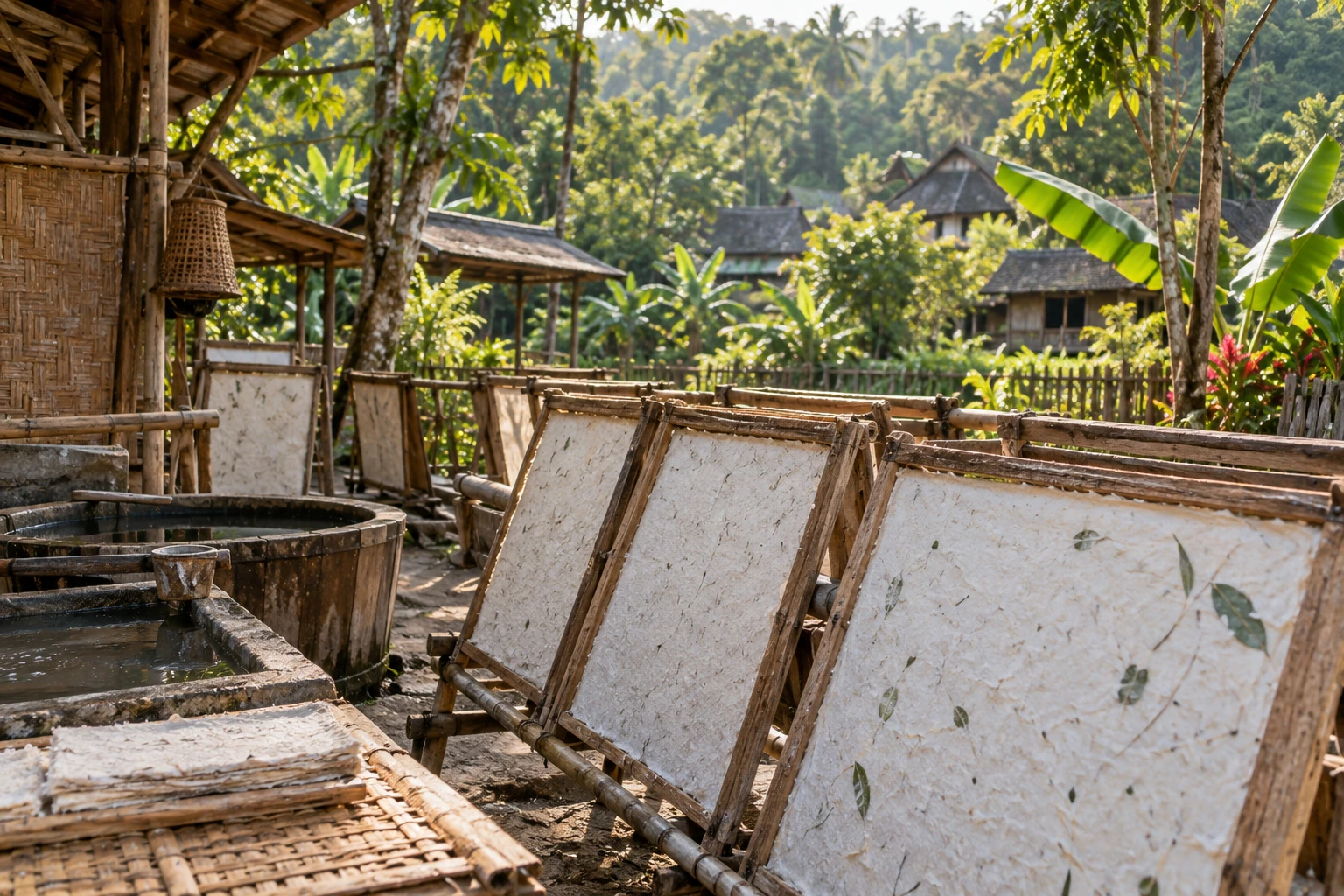 Handmade paper drying at a village workshop