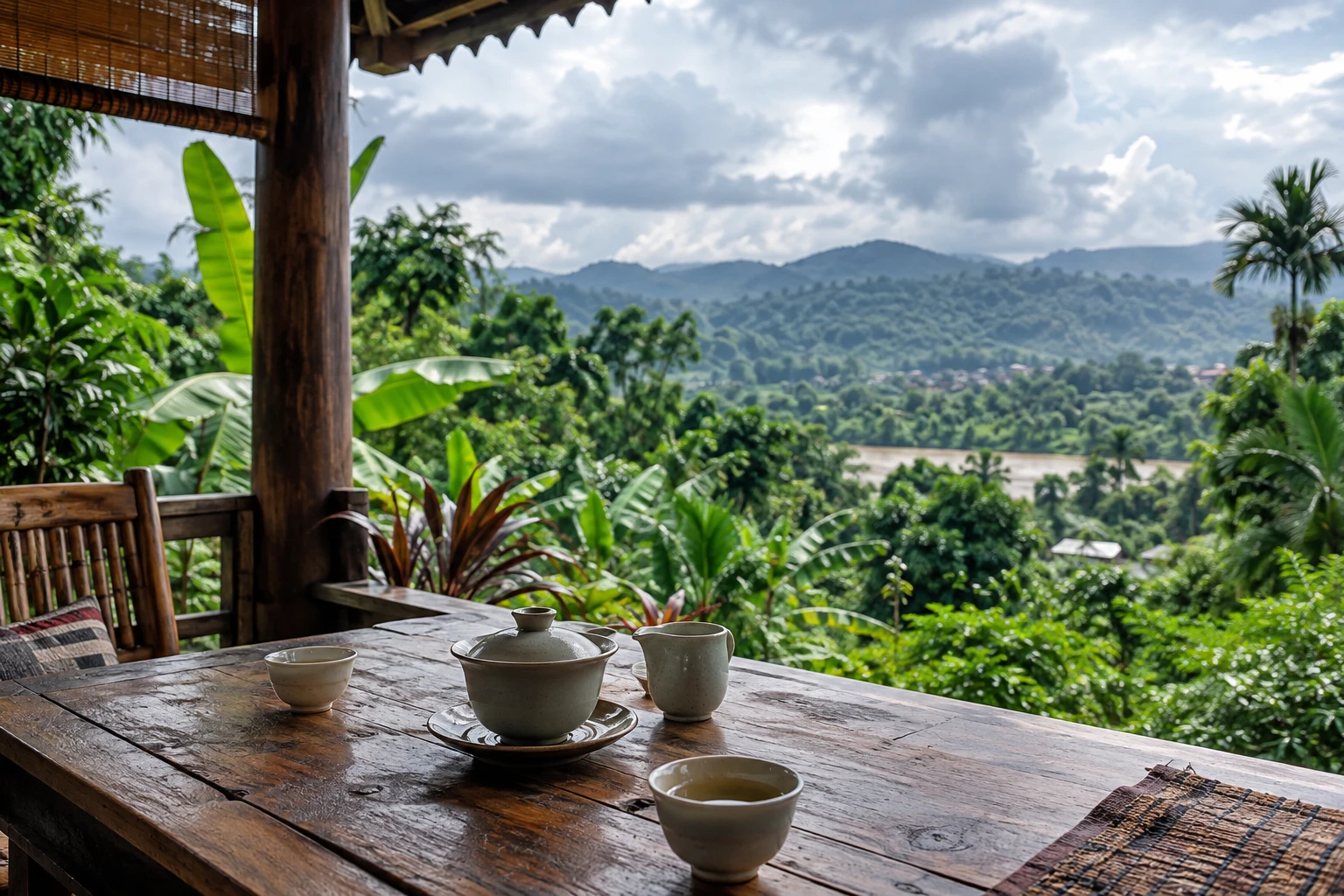 Tea tasting on a shaded veranda in Xishuangbanna