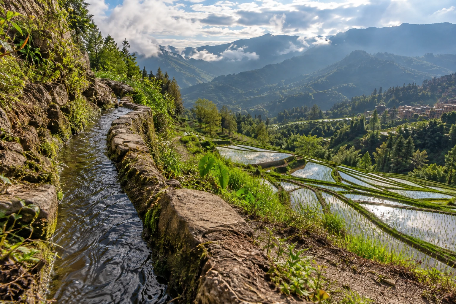 Water channels beside working rice terraces in Yuanyang