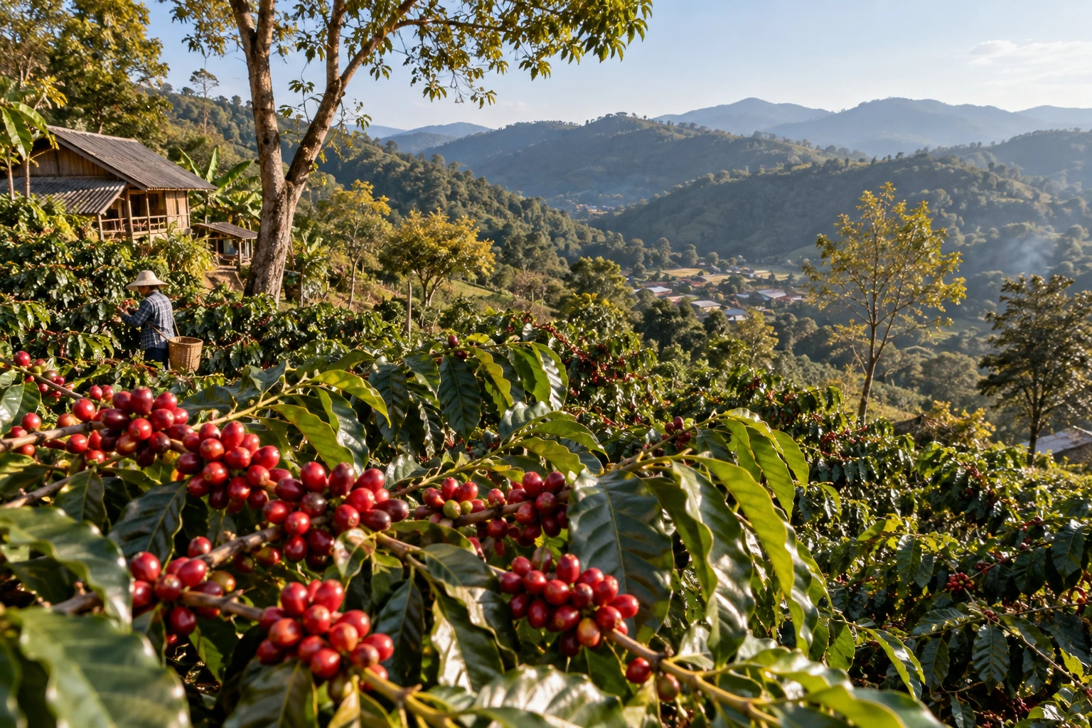 Coffee cherries on a shaded farm near Pu’er