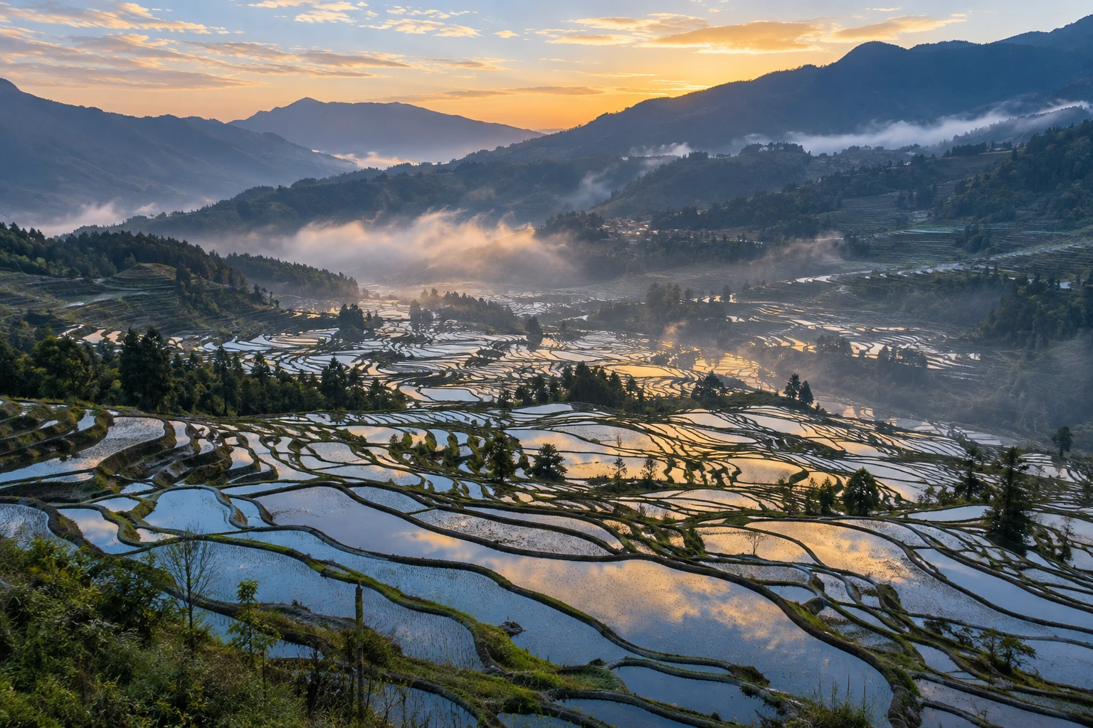 Dawn reflections in the Duoyishu rice terraces