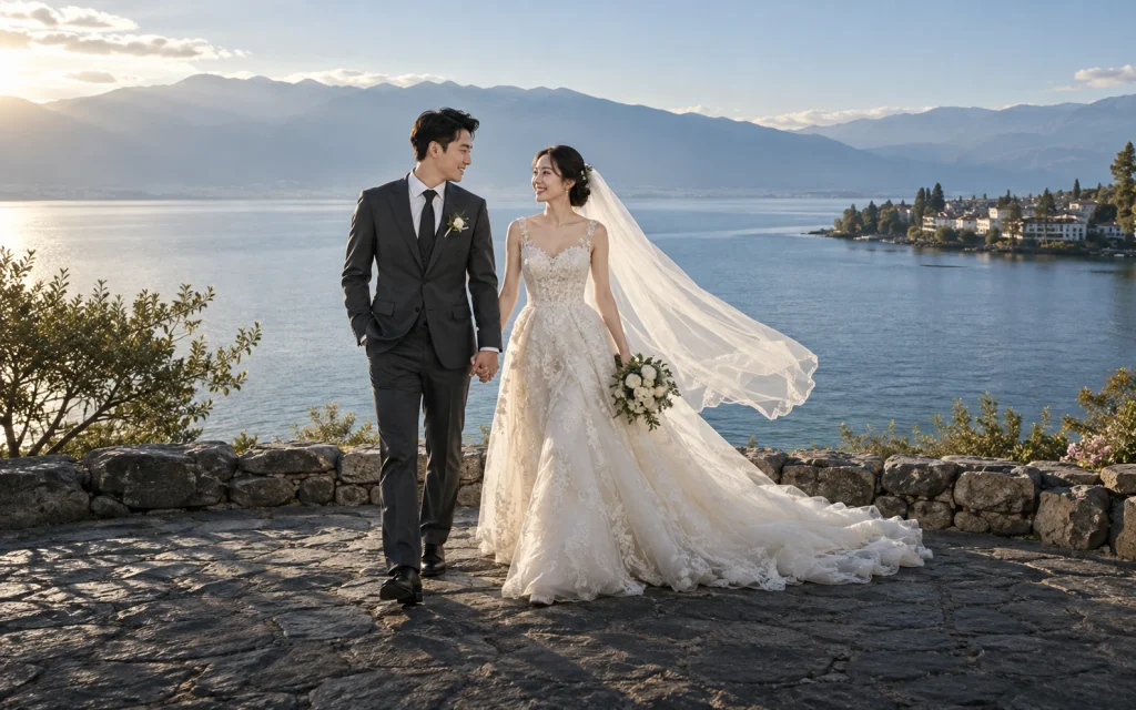 Bride in an ivory wedding gown and groom beside a mountain lake, AI-generated Yunnan wedding concept