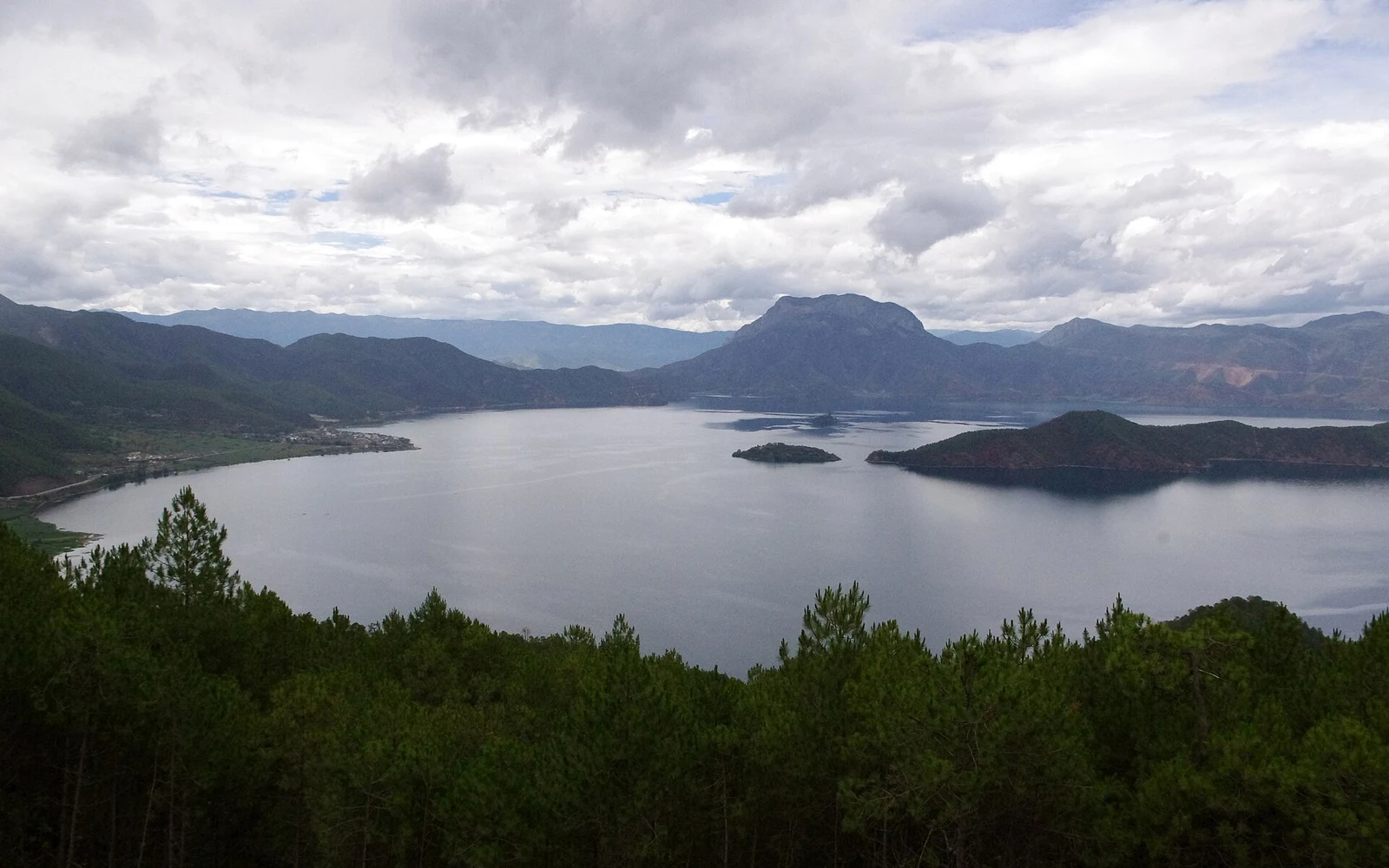 Panoramic view over Lugu Lake and its peninsulas