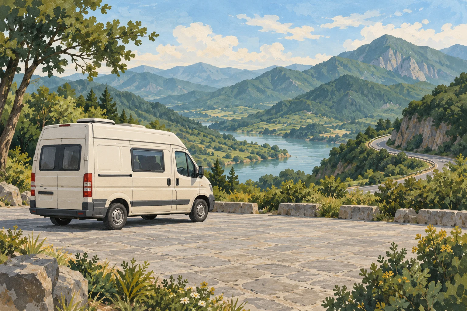 Illustration of a cream campervan parked beside a mountain landscape