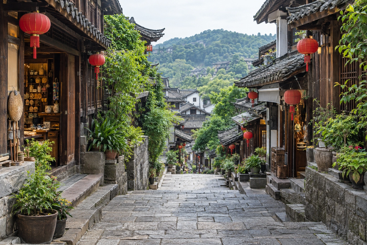Illustration of a traditional stone lane and timber shopfronts around Ciqikou in Chongqing