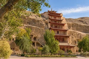 Illustration of Desert cave cliff setting near Dunhuang in Gansu