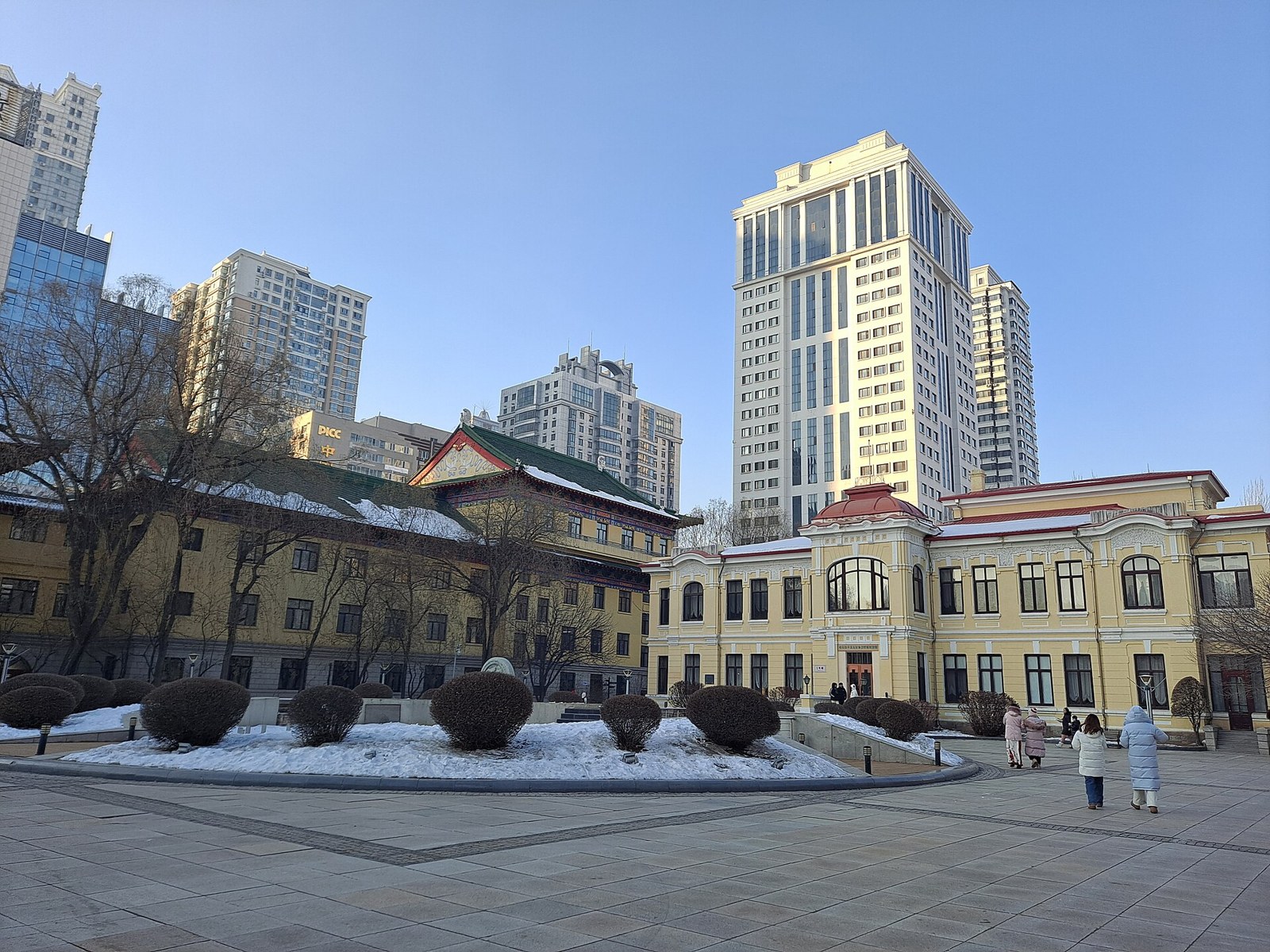 Historic buildings and a snow-lined courtyard at Harbin Museum