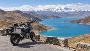 AI-generated illustration: yamdrok lake motorcycle viewpoint.