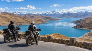 AI-generated illustration: tibet motorcycle journey above yamdrok lake.