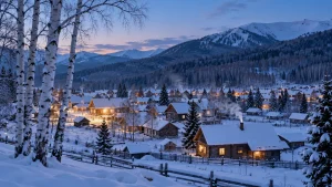 AI-generated illustration: hemu snow village at blue hour.