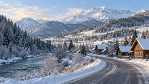 AI-generated illustration: altay winter valley and village road.