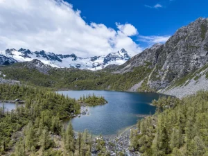 Lake basin and snow peaks in the Dangling mountain area