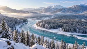 AI-generated illustration: kanas river bends in winter.