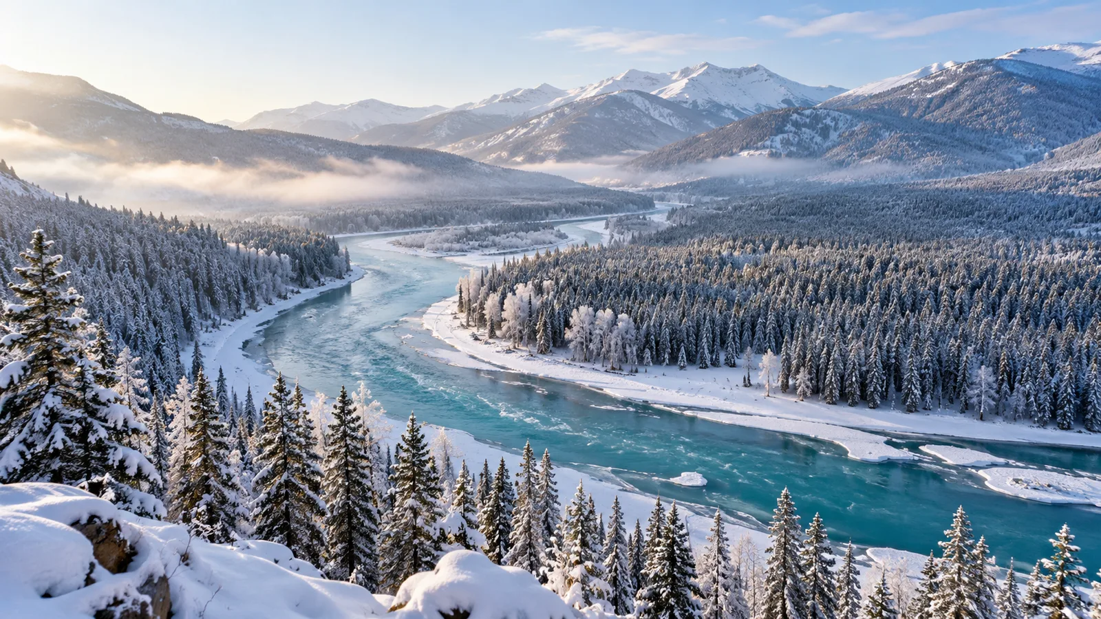 AI-generated illustration: kanas river bends in winter.