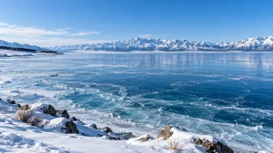AI-generated illustration: sayram lake winter shore.
