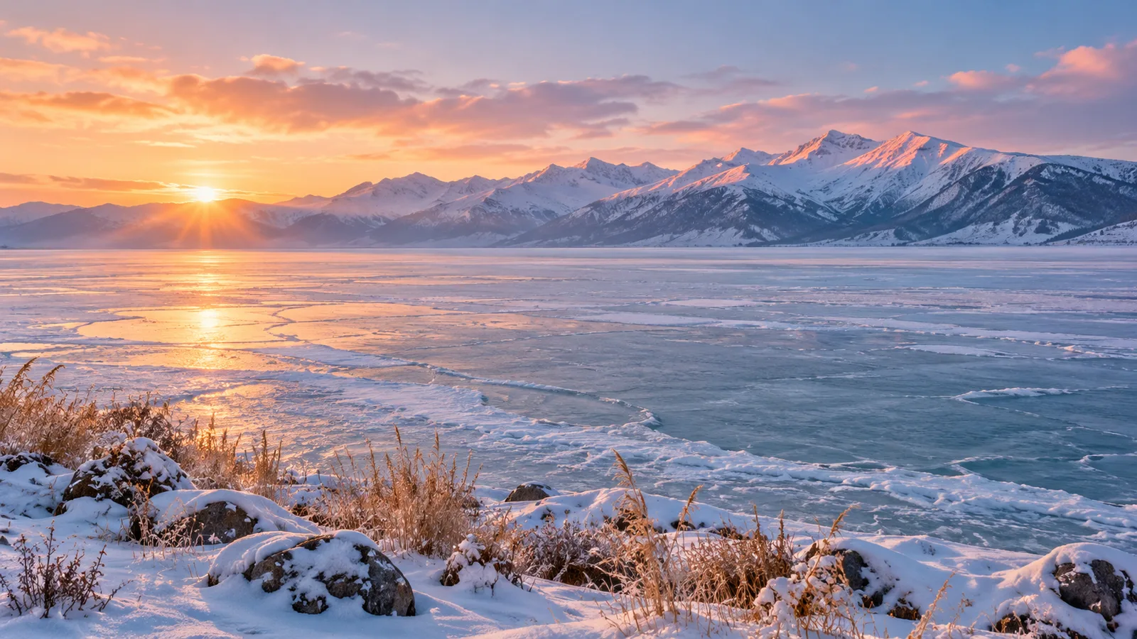 AI-generated illustration: sayram lake sunrise.