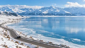 AI-generated illustration: northern xinjiang winter lake journey.