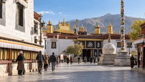 AI-generated illustration: barkhor streets and the jokhang exterior.