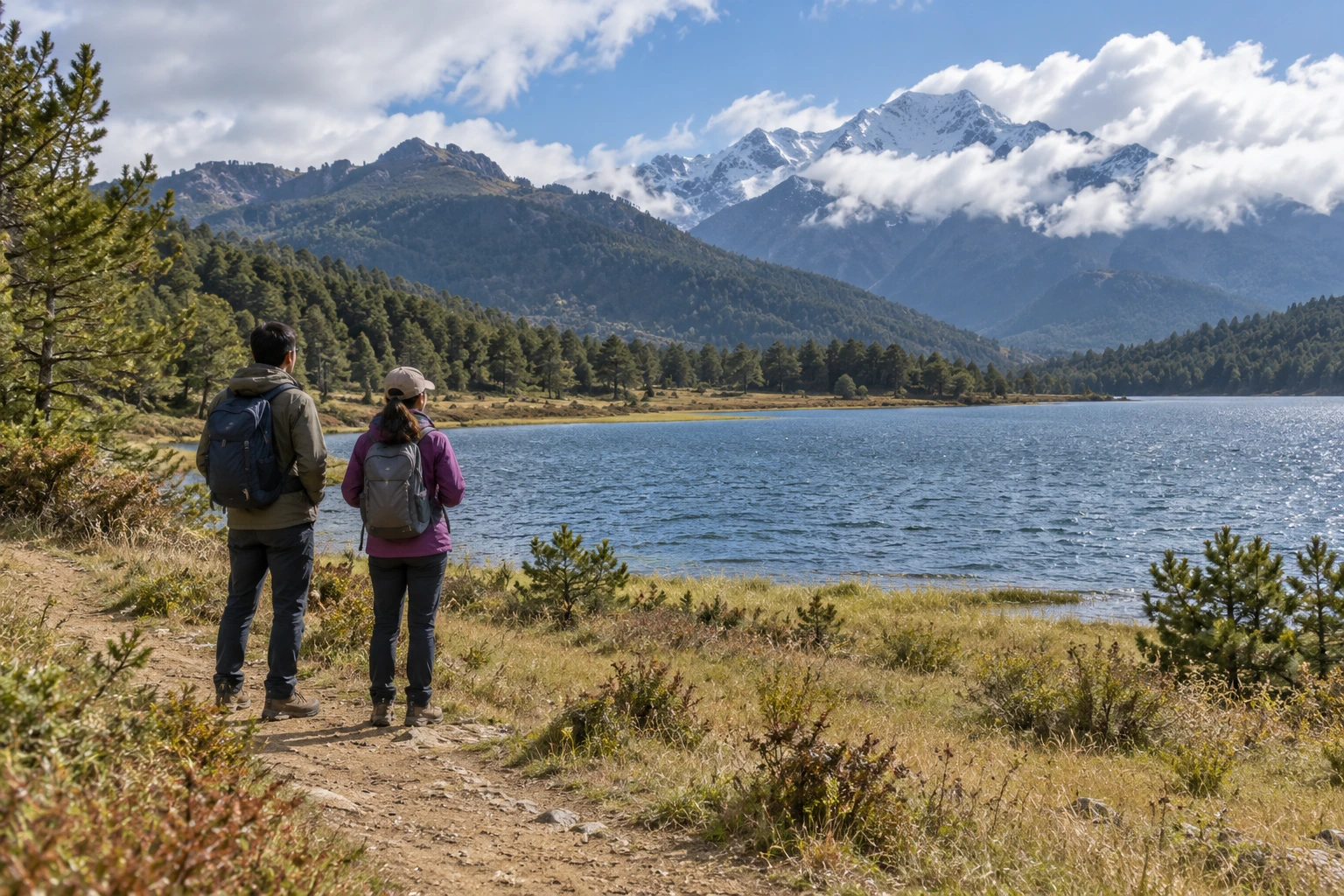 Two travelers looking across a lake toward wooded mountain slopes
