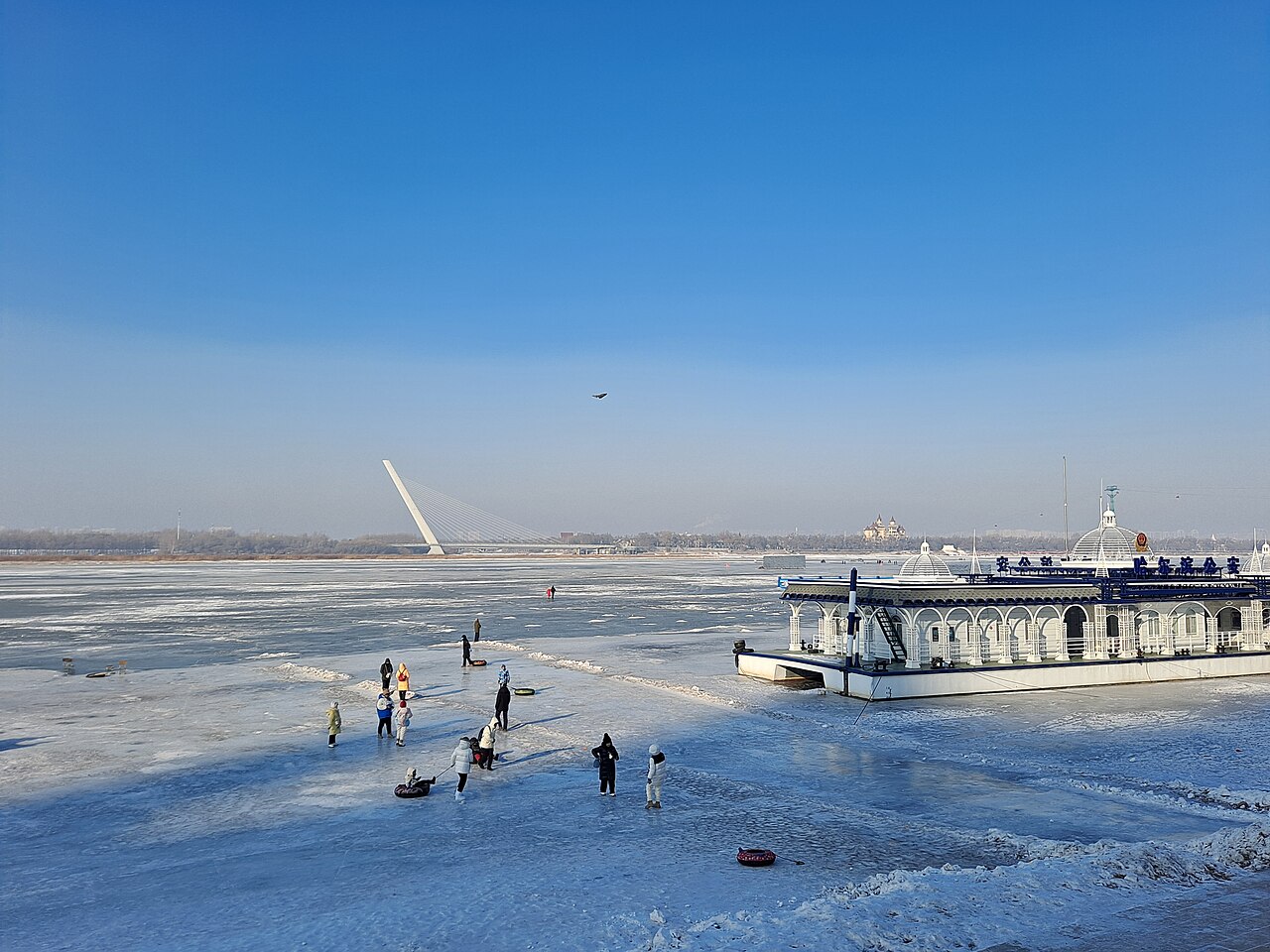 Snow and ice on the Songhua River beside the Harbin waterfront